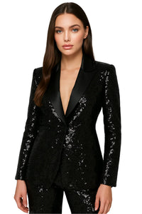 Thumbnail for Black sequin blazer and pants set worn by a model on a white background