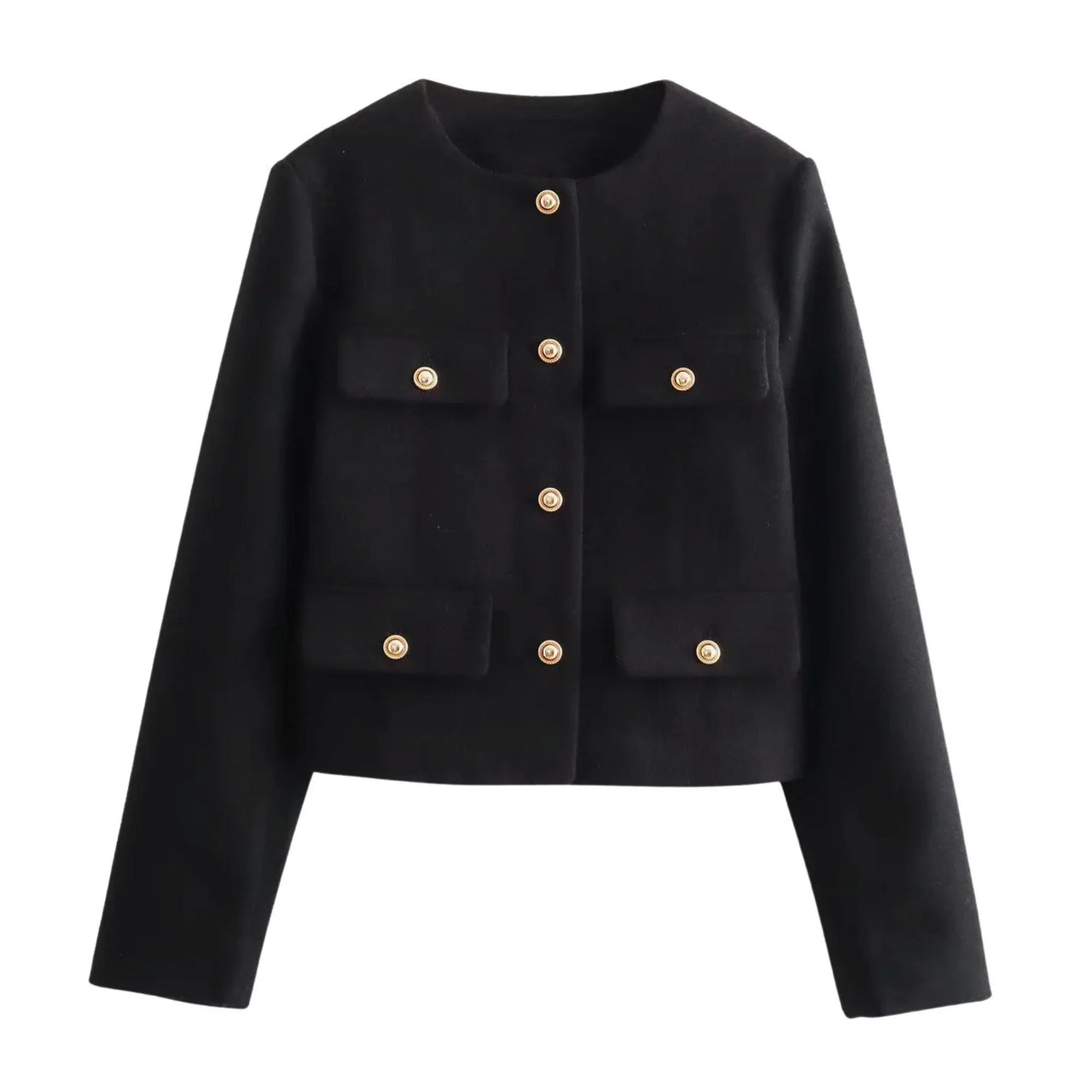 Black jacket with gold buttons on a white background