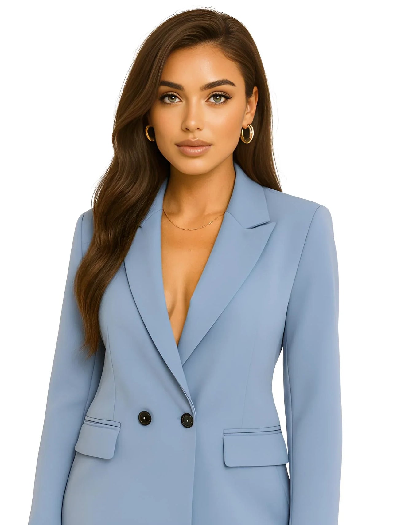 Woman wearing a lblue gray blazer on a white background