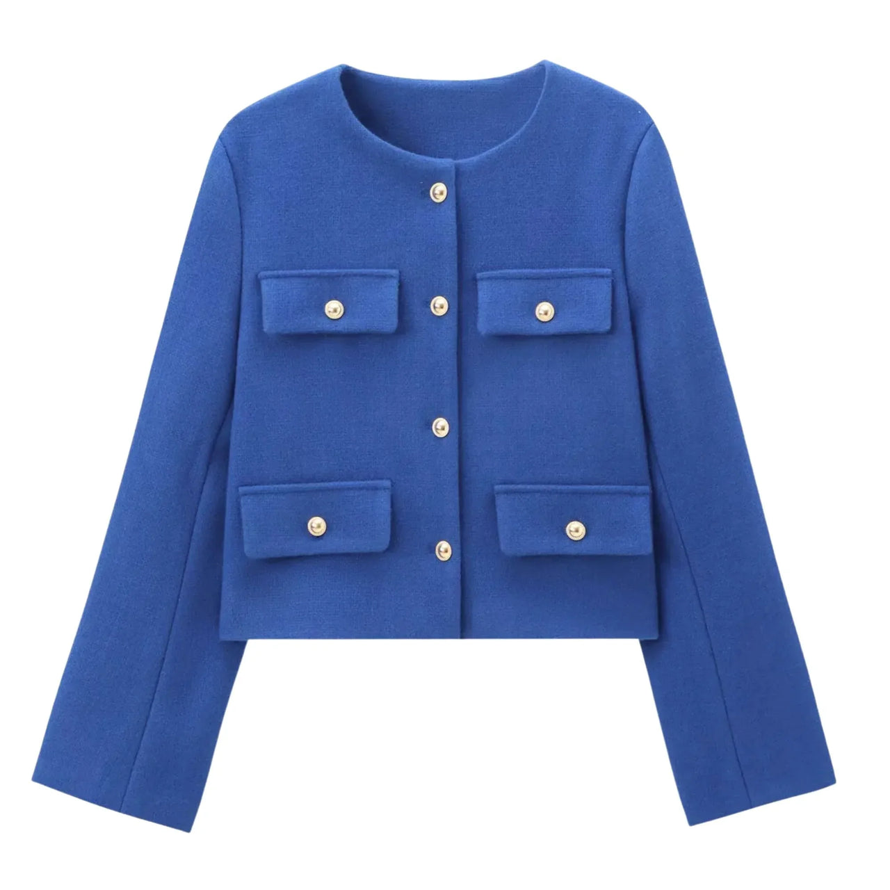 Blue jacket with button details on a white background