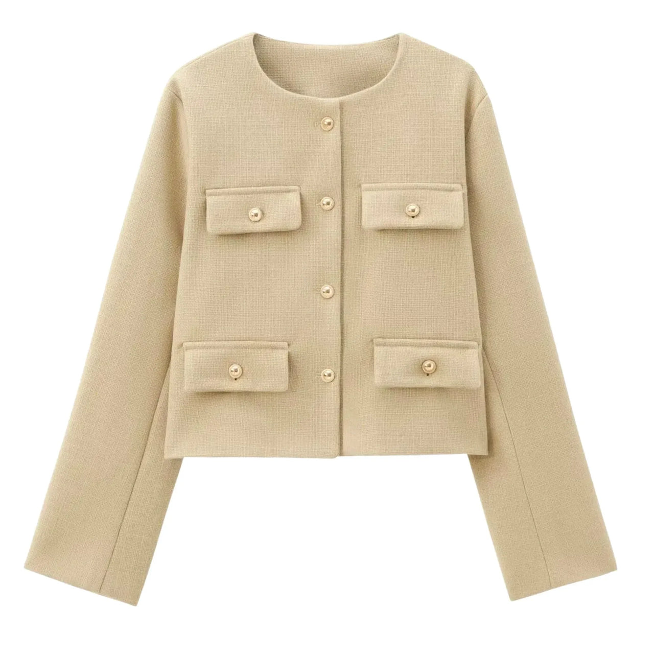 Beige jacket with button details on a white background