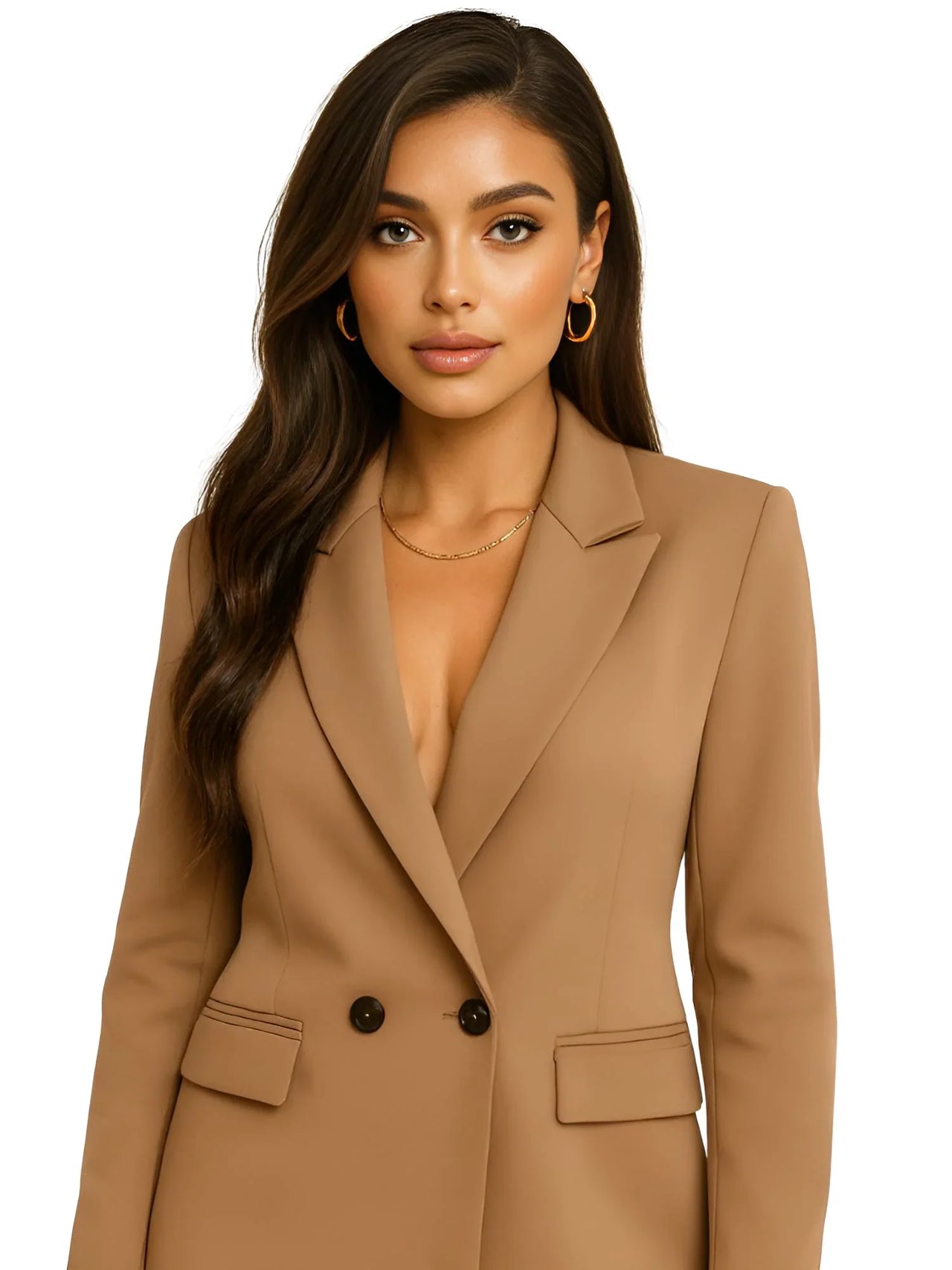 Woman wearing a coffee colored blazer on a white background