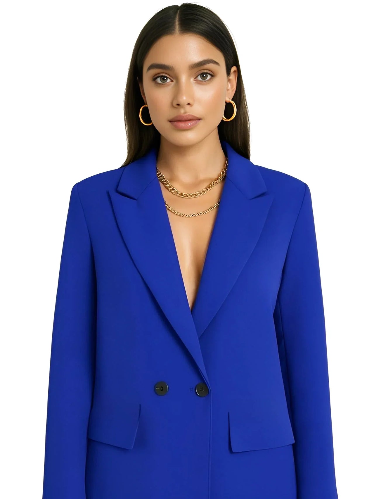 woman wearing a dark blue blazer on a white background