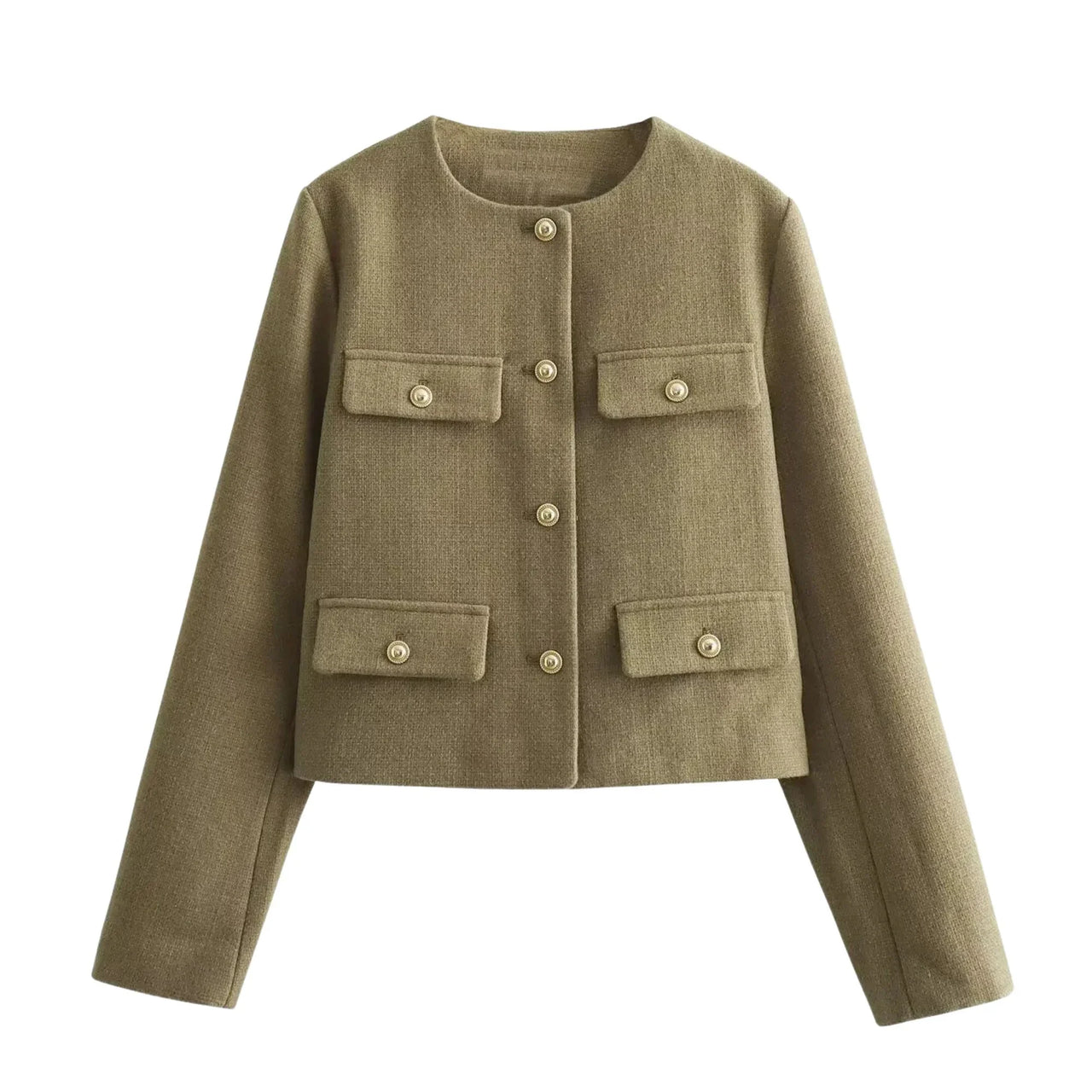 Green jacket with button details on a white background