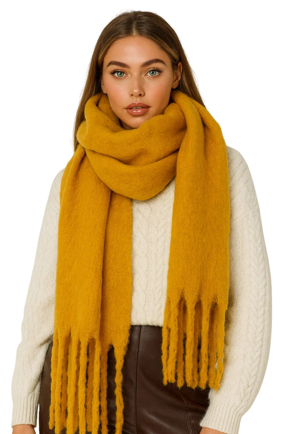 Woman wearing a golden yellow scarf on a white background
