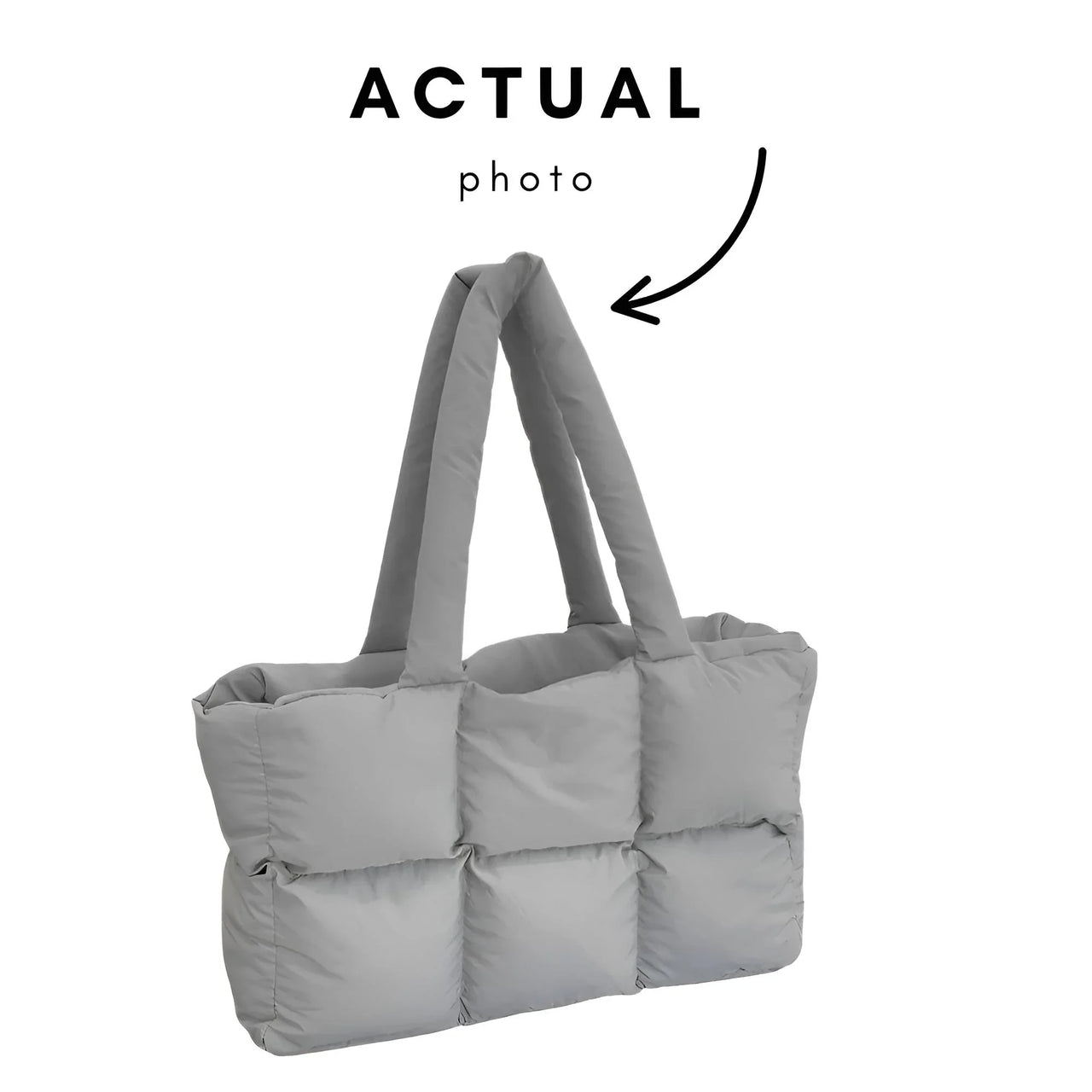 Gray puffer tote bag on a white background with 'Actual photo' text and arrow.