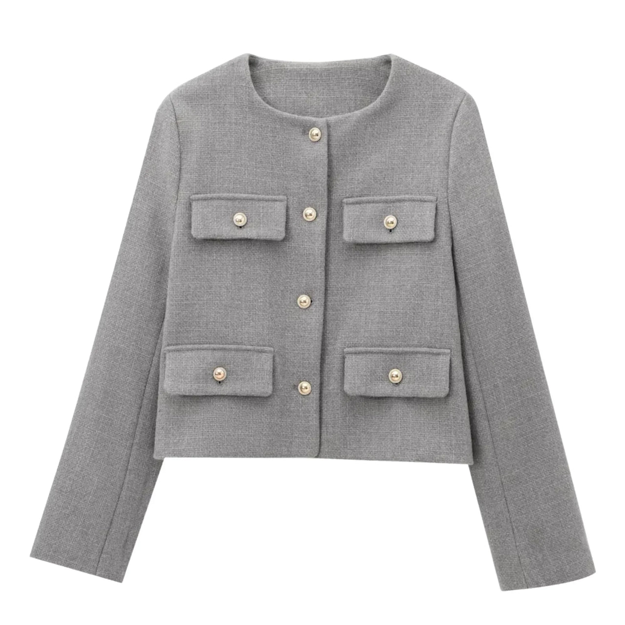 Gray jacket with button details on a white background