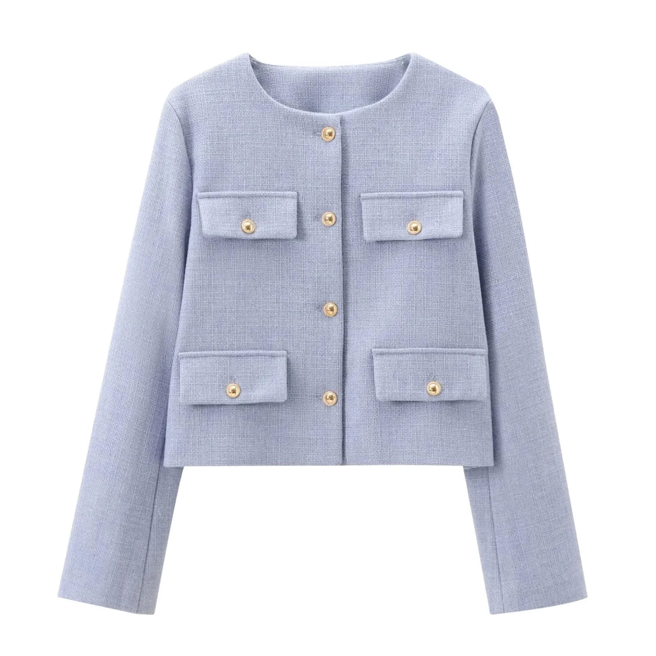 Light blue jacket with button details on a white background