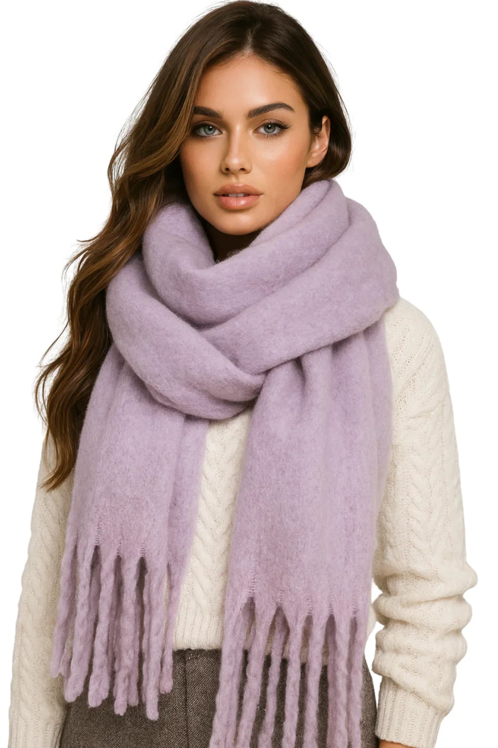 Woman wearing a large light purple scarf with a white background