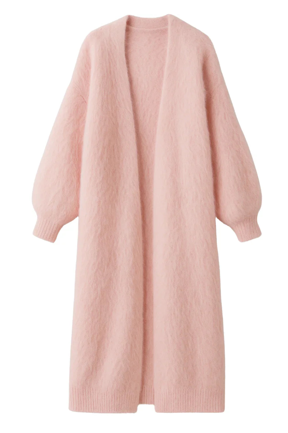 Long fluffy pink cardigan on a white background