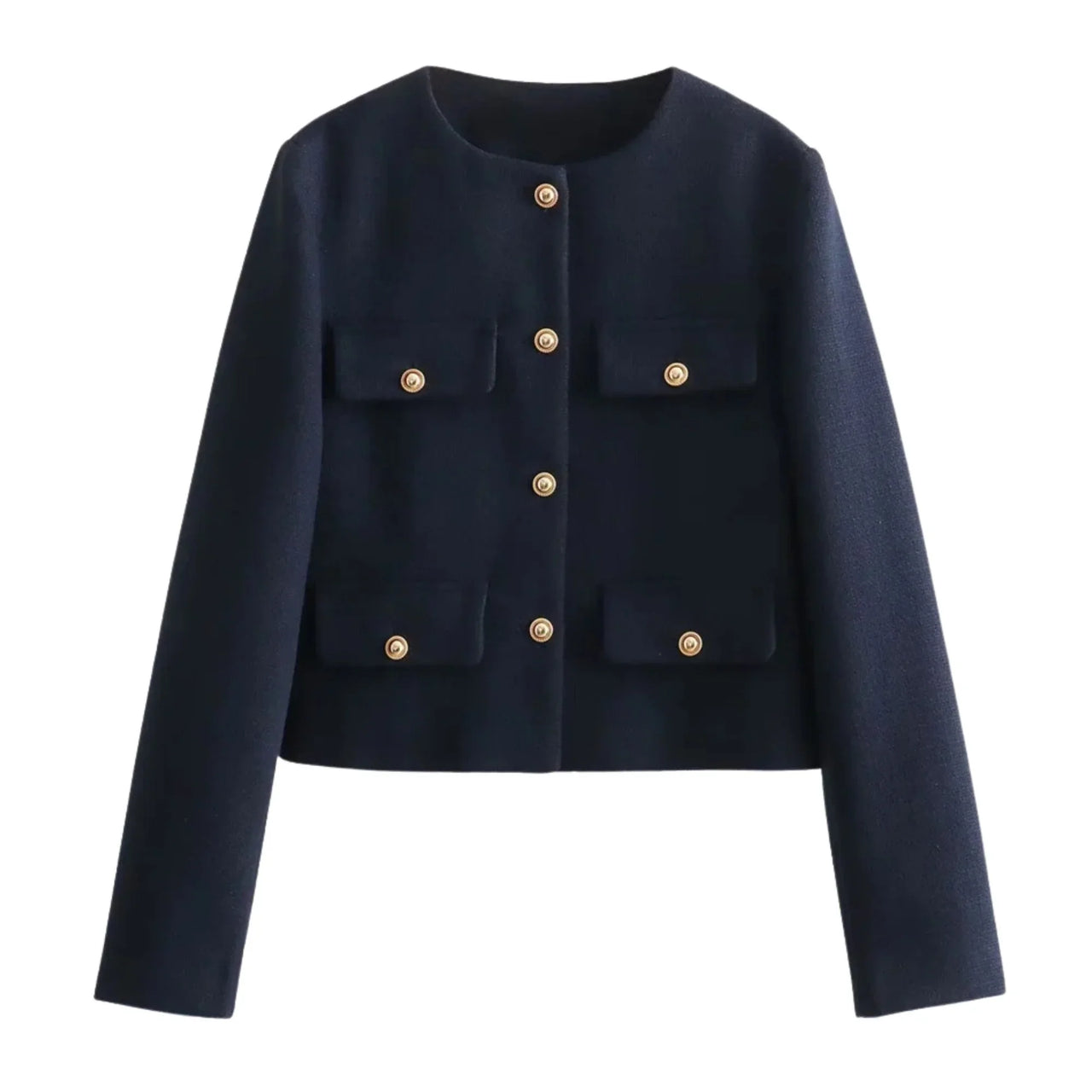 Navy blue jacket with gold buttons on a white background