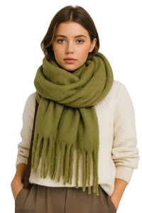 Thumbnail for Woman wearing an olive green scarf and beige sweater on a white background