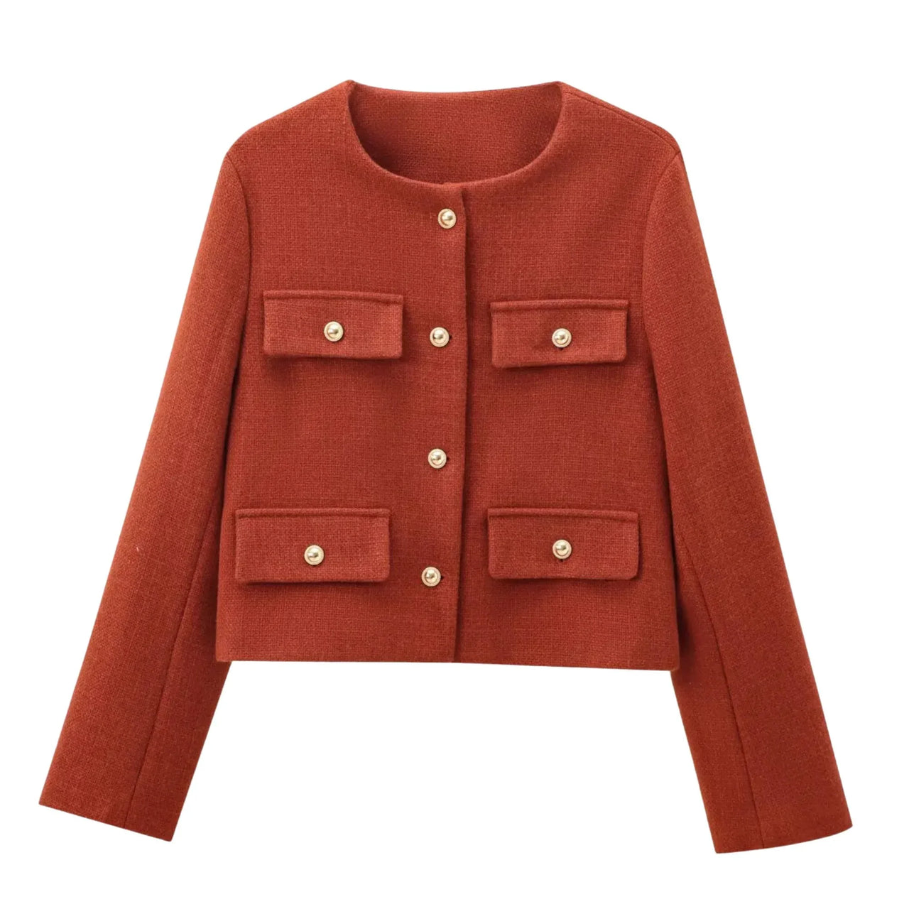 Orange red jacket with button details on a white background