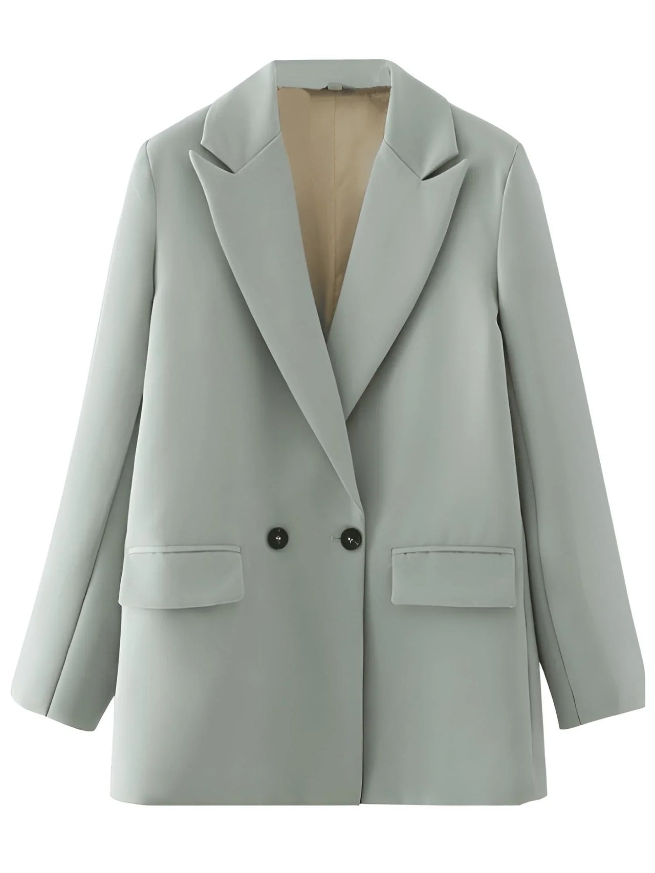 Light blue gray blazer with two black buttons on a white background
