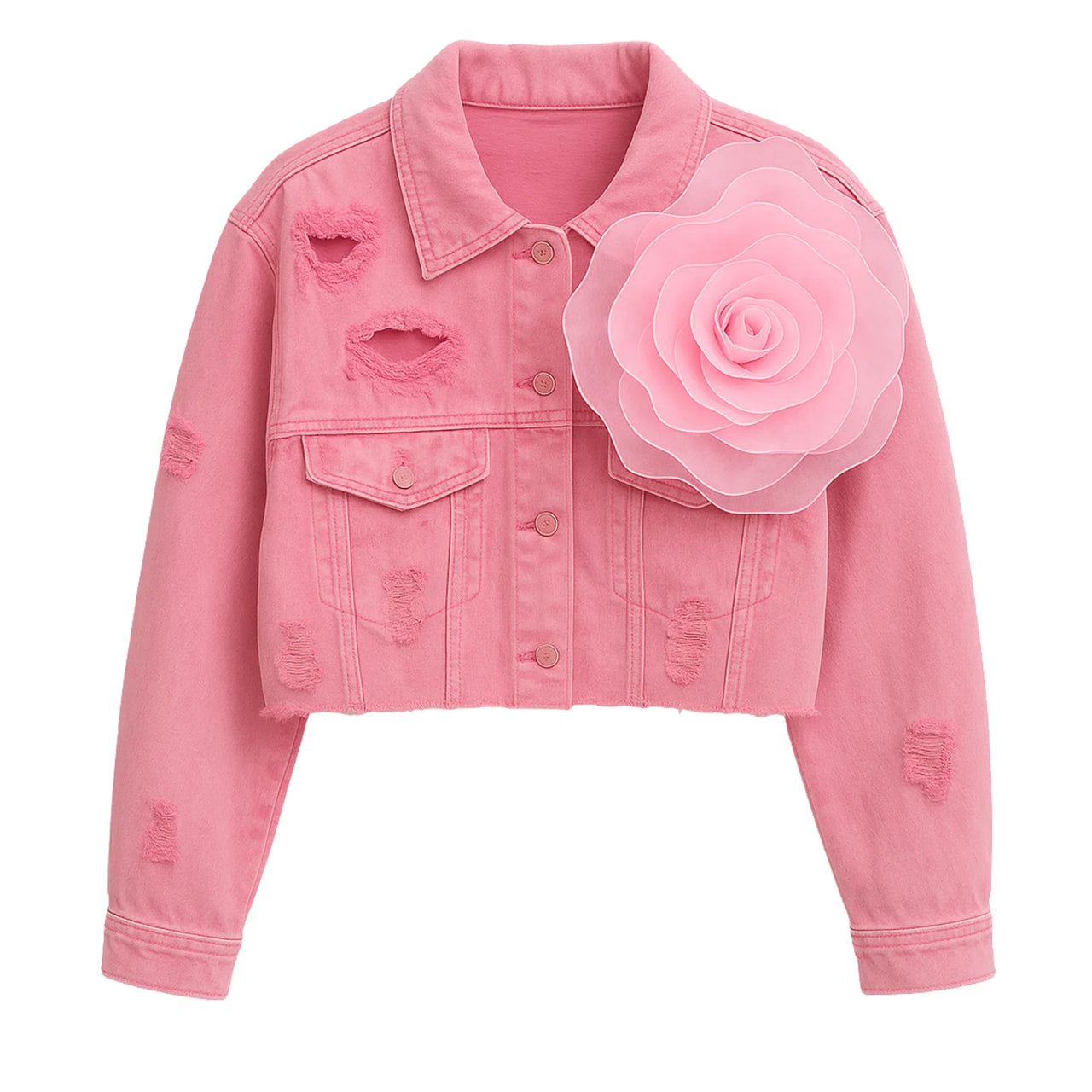 Pink denim jacket with a large pink flower applique on a white background