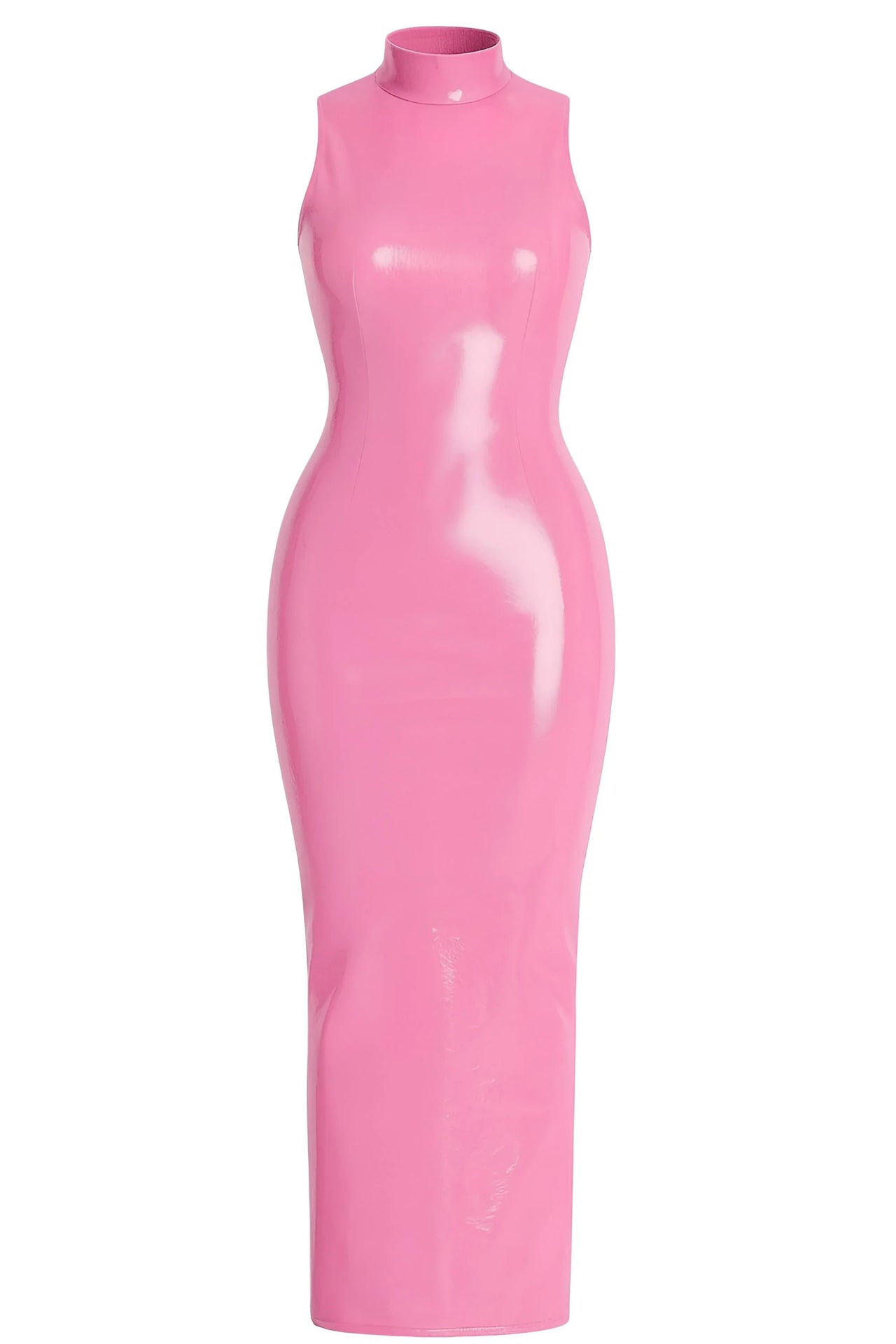 Pink leather dress with a high neckline on a white background