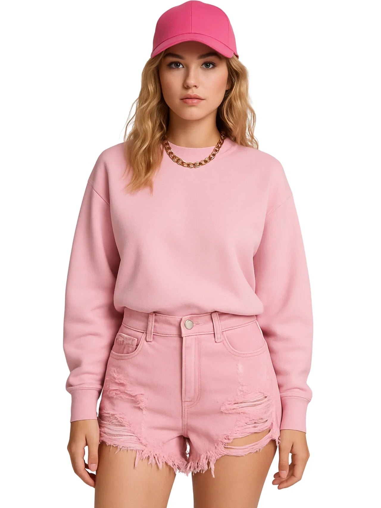 Person wearing pink jean shorts with a matching pink cap on a white background