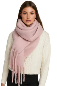 Thumbnail for Woman wearing a pink scarf and white sweater on a white background
