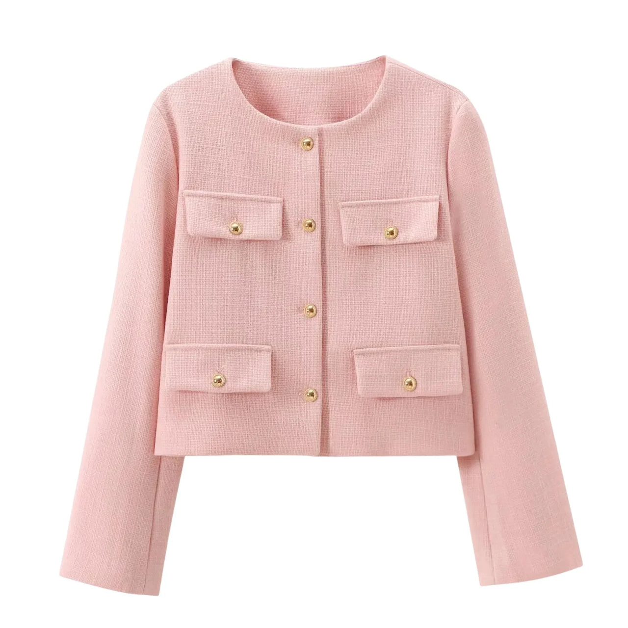 Pink jacket with gold buttons on a white background