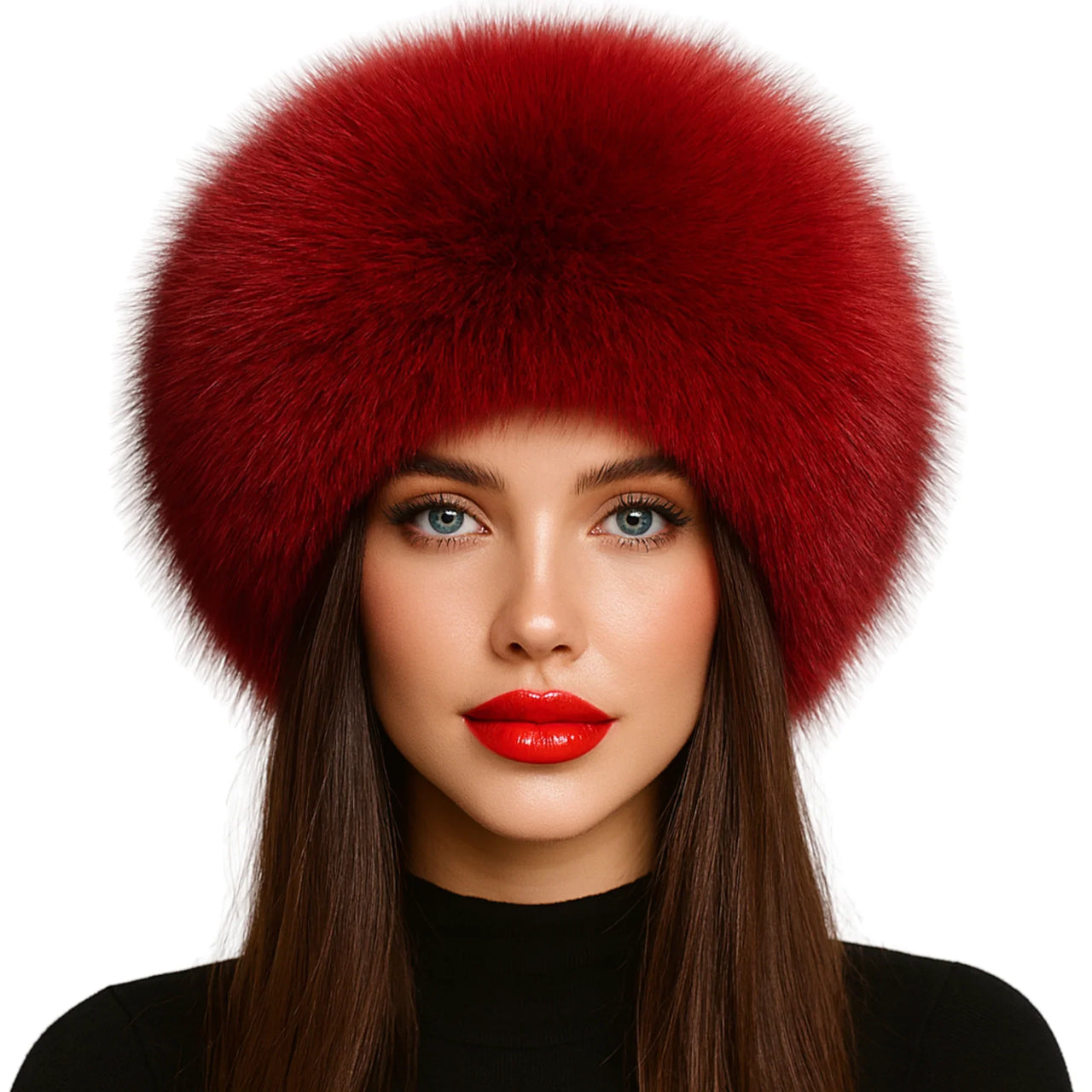 Woman wearing a red fur hat on a white background