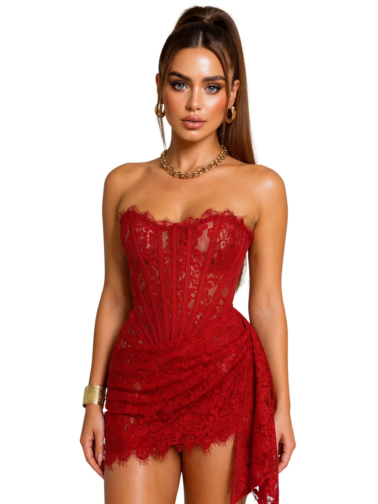 Woman wearing a red lace strapless dress on a white background