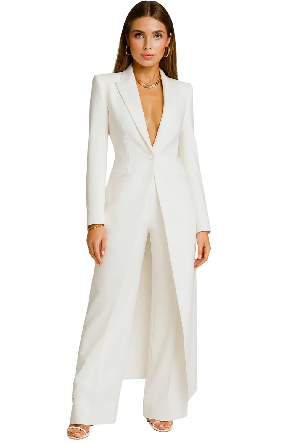 Woman wearing a white long blazer and pants set on a white background
