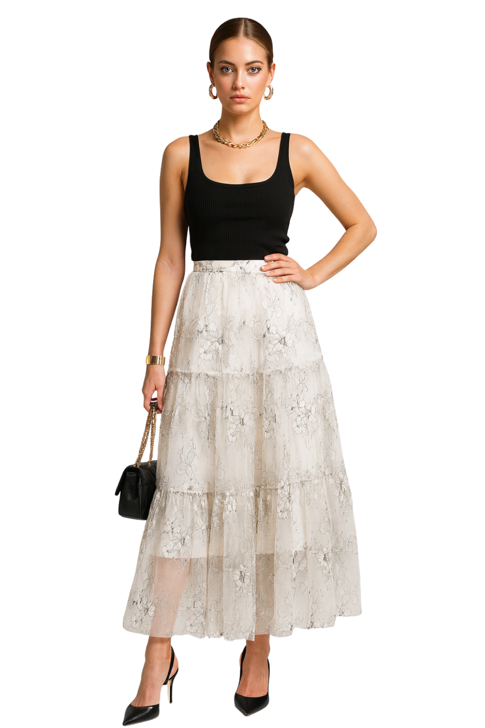 Woman wearing a black tank top and white lace skirt on a white background