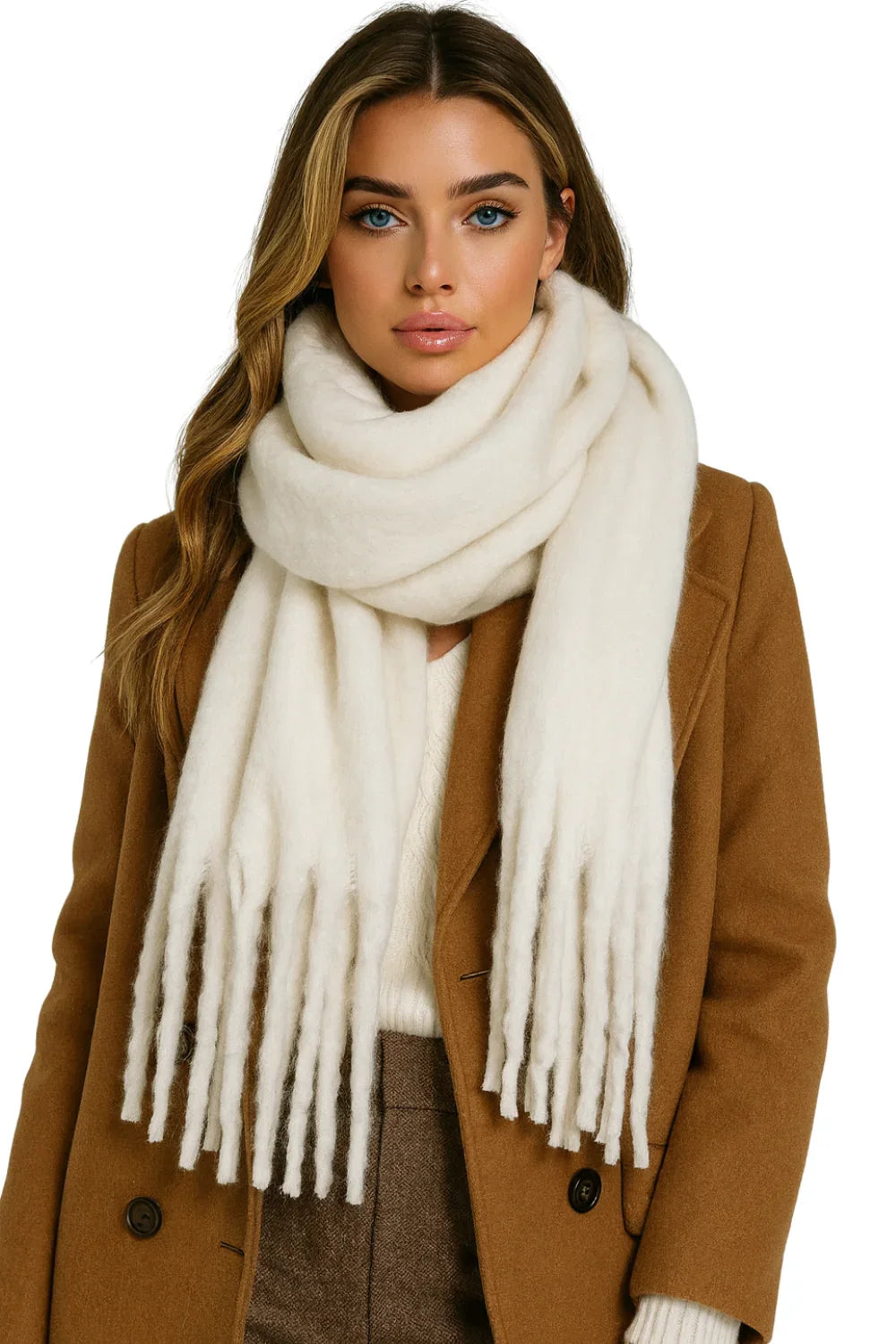 Woman wearing a white blanket scarf and brown coat on a white background
