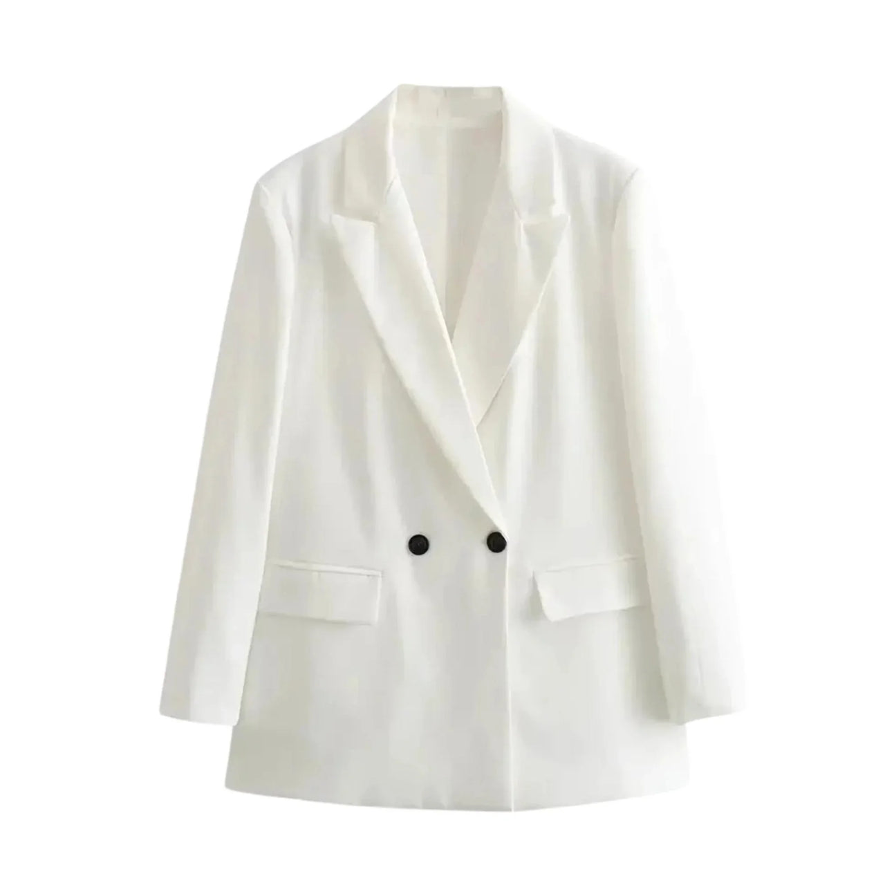 White oversized blazer with black buttons on a white background