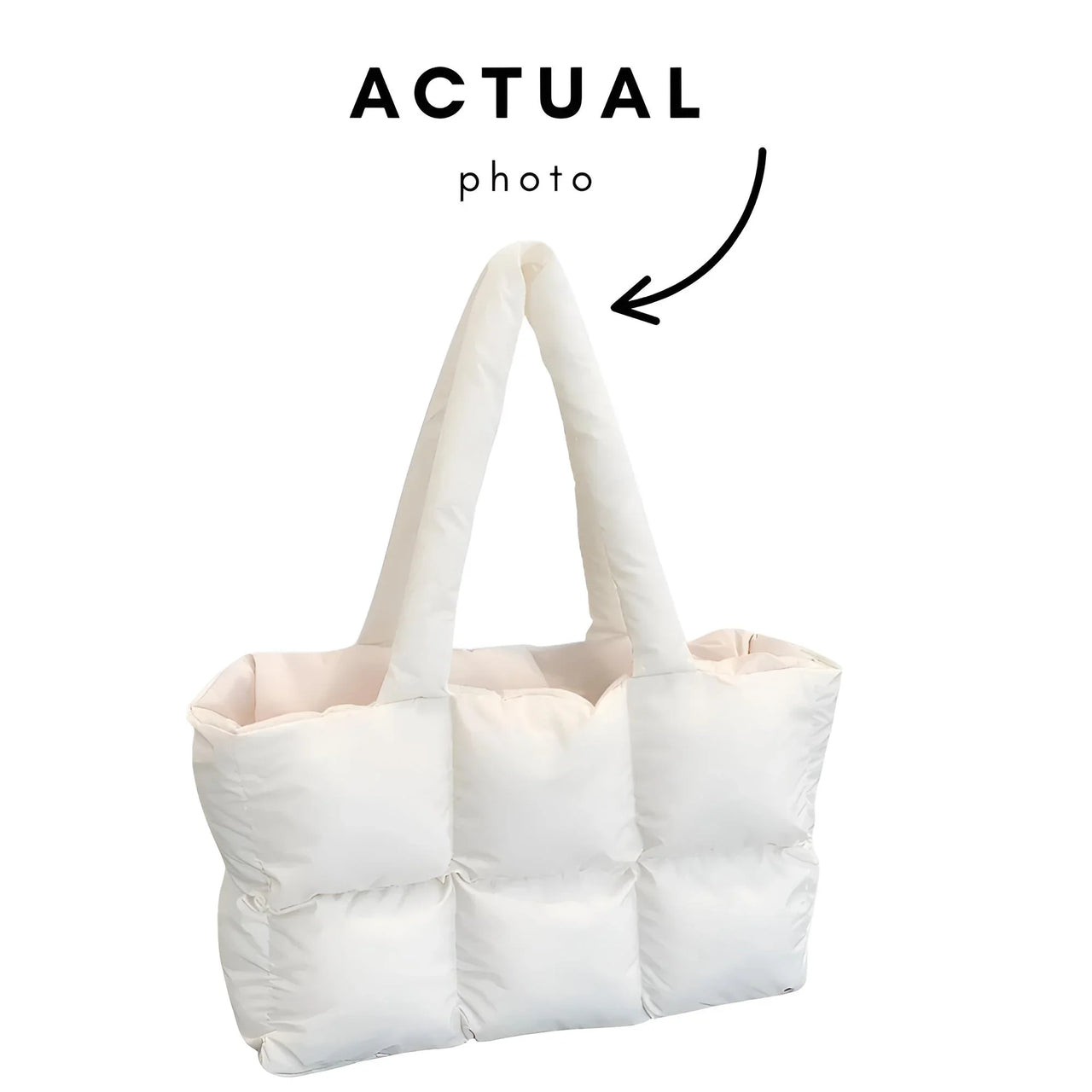 White puffer tote bag on a white background with 'Actual photo' text and arrow.
