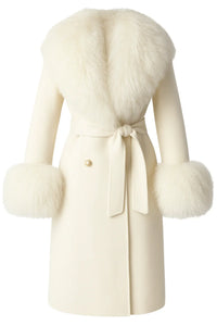 Thumbnail for White wool and cashmere coat with fur trim on a white background