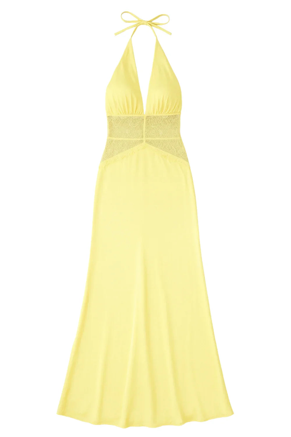 Yellow halter neck dress with lace on a white background