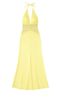 Thumbnail for Yellow halter neck dress with lace on a white background