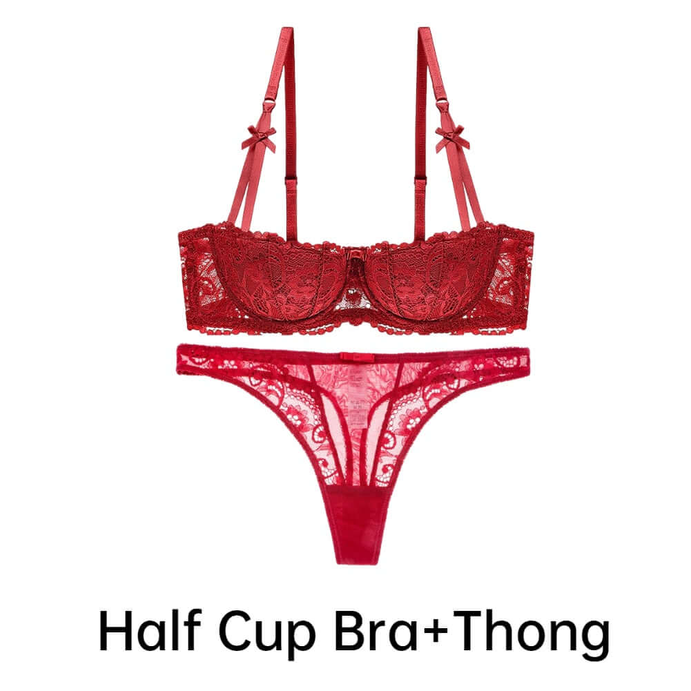Shop Now & Get Free Shipping + We'll Pay The Tax! Set includes a bra and thong panty. The lacey half cup bra and thong panties are sexy and so feminine.