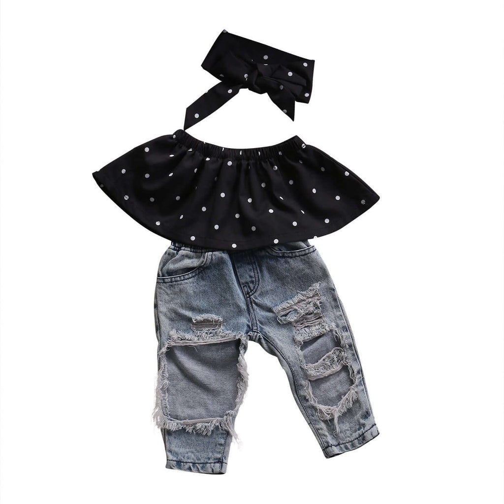 Shop Now & Get Free Shipping + We'll Pay The Tax! Adorable clothing set for your baby girl has off-the-shoulder design top and a pair of jeans with large rips.