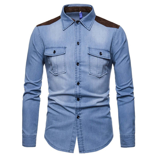 Upgrade your style with this trendy denim shirt featuring suede shoulder and elbow pads. Shop at Drestiny now for free shipping and up to 50% off!