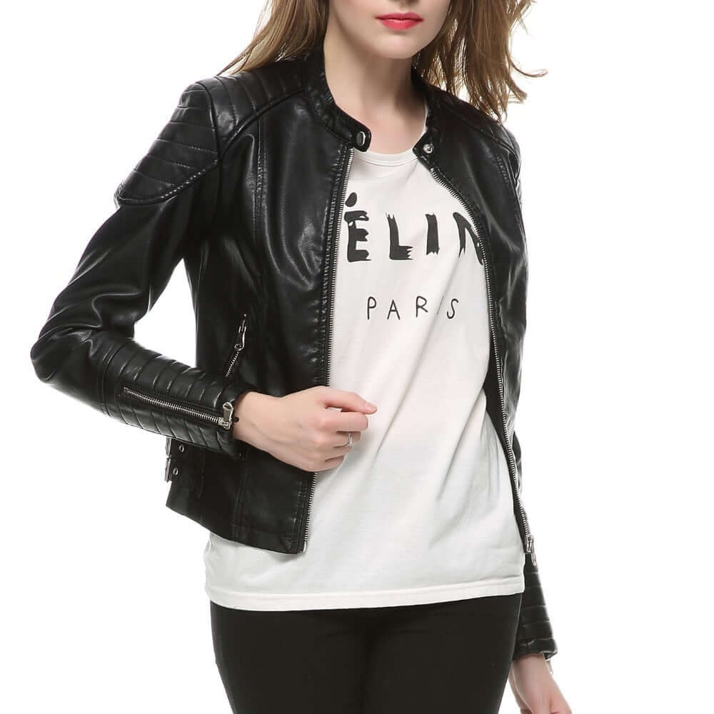 Shop Now & Get Free Shipping + We'll Pay The Tax! Faux Leather Biker Jacket in brown or black. Show off your edge this season with this stylish leather jacket.