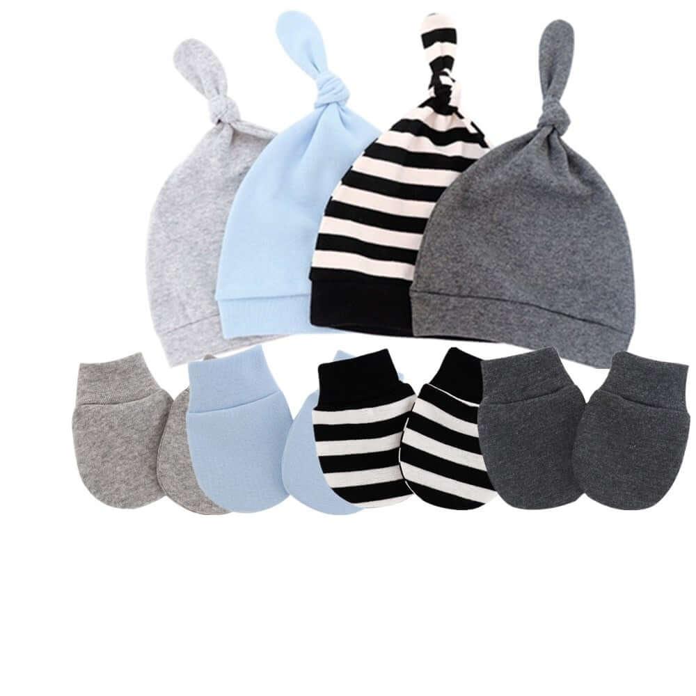 Cotton mitten and hat set for newborns. Mittens and hat are made of 100% cotton and have a delicate soft feel. Protect baby's delicate skin on hands and head.