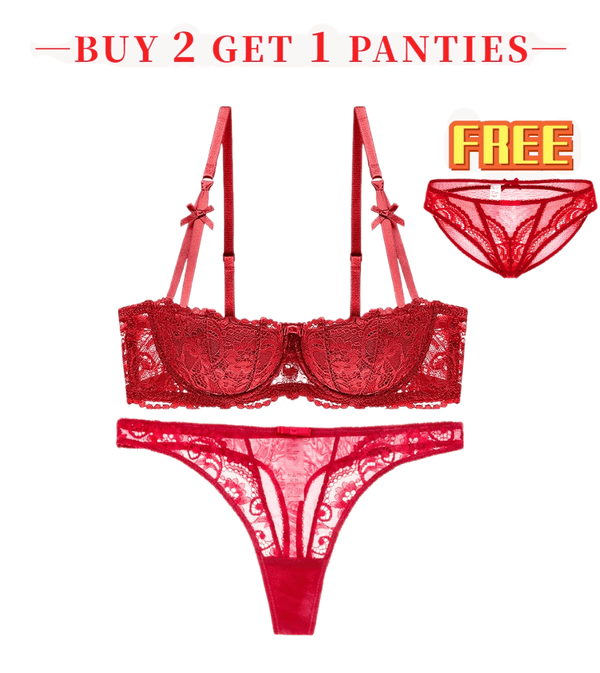 Shop Now & Get Free Shipping + We'll Pay The Tax! Set includes a bra and thong panty. The lacey half cup bra and thong panties are sexy and so feminine.