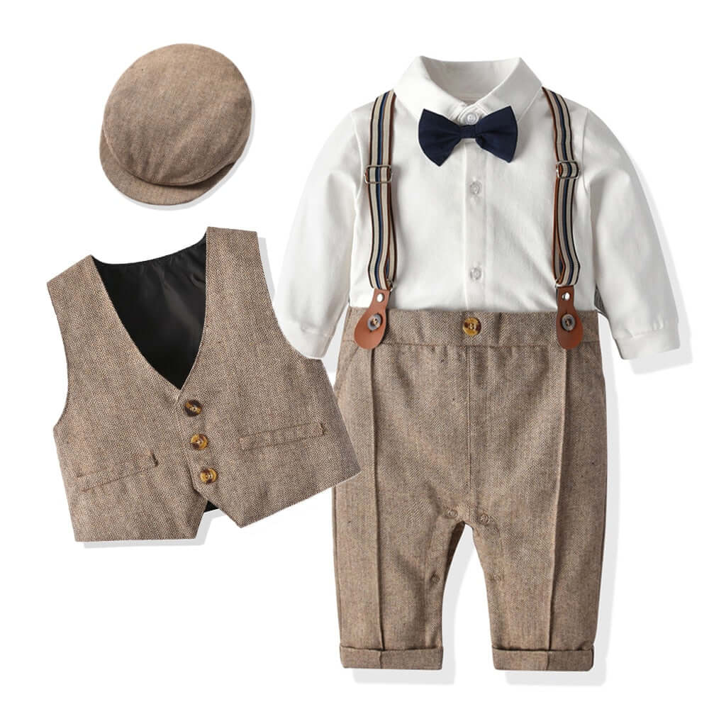 Shop Now & Get Free Shipping + We'll Pay The Tax! The Boy Formal Set With Hat, Vest, and Long Sleeve Romper will make your little boy look so adorably trendy.