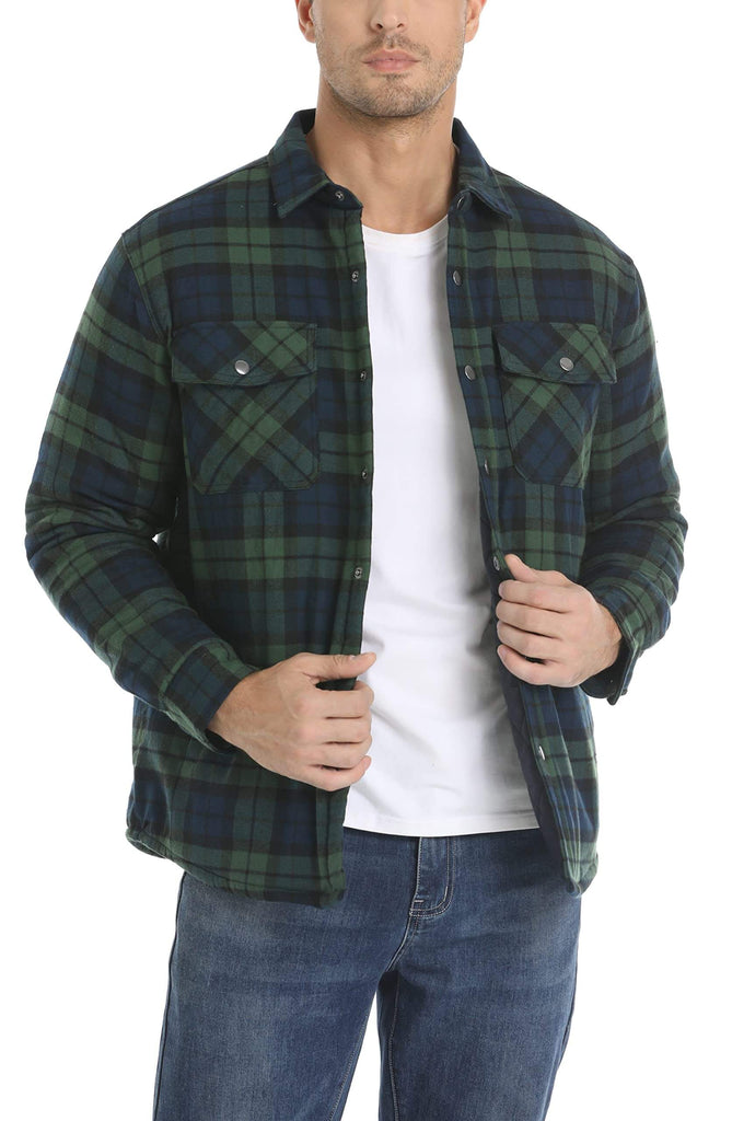 Men's Long Sleeve Quilted Lined Dark Green Flannel Shirt Jackets