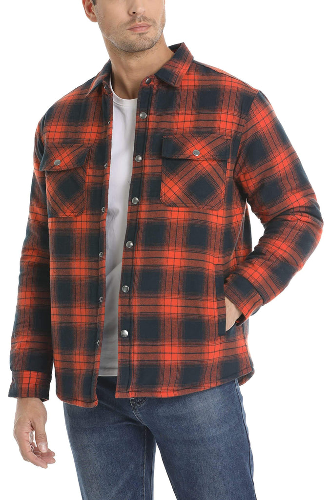 Men's Long Sleeve Quilted Lined Orange Red Flannel Shirt Jackets