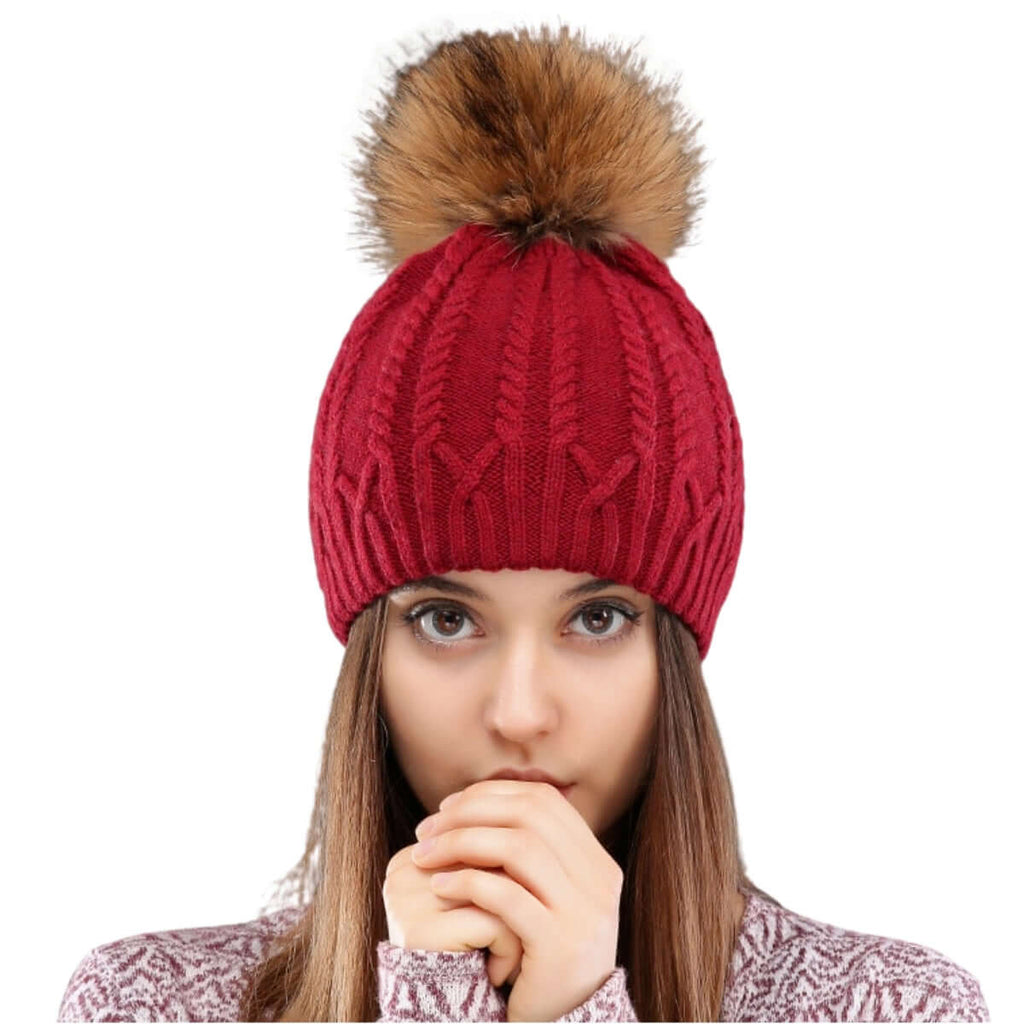 Women's Double Layer Knitted Hat With Real Fur Pompom