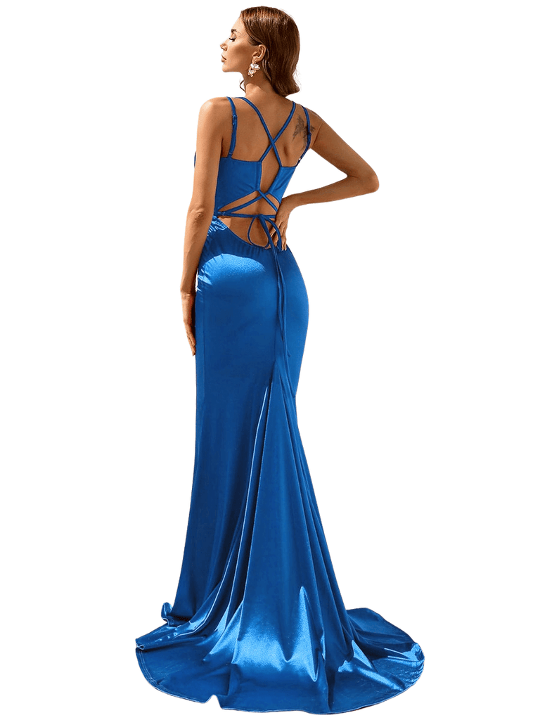 Shop Now & Get Free Shipping + We'll Pay The Tax! Luscious, lightweight satin will make this dress an instant favorite. V neckline and stunning backless design.