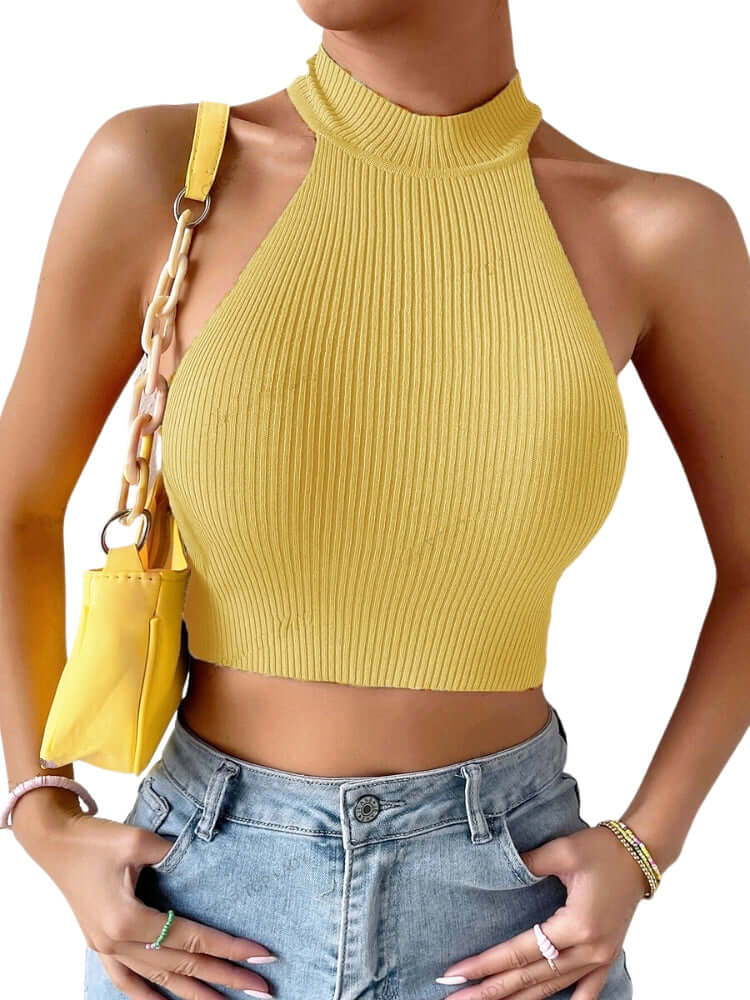 Women's Ribbed Knit Sleeveless Yellow Cropped Tank Top
