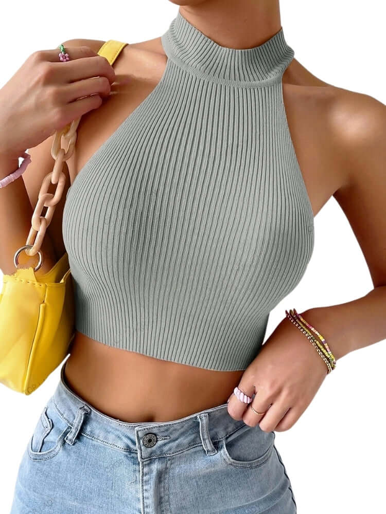 Women's Ribbed Knit Sleeveless Grey Cropped Tank Top