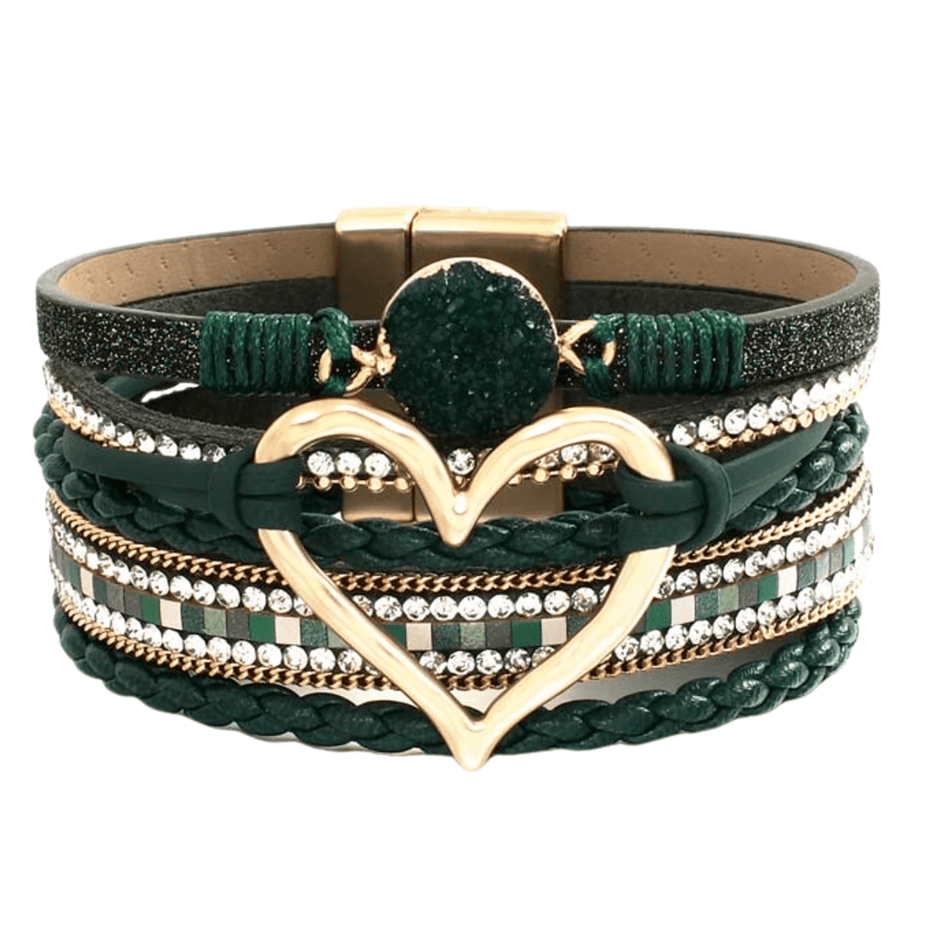 Get trendy green leather bracelets for women with heart charm at Drestiny. Enjoy up to 50% off, free shipping, and tax paid!
