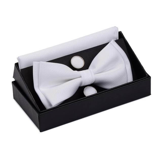 Get the perfect finishing touch for your outfit with this high-quality white bow tie and cufflink set. It comes with a pocket square and a stylish box. Shop at Drestiny now and enjoy free shipping. We'll even cover the tax! Don't miss out on this limited-time o