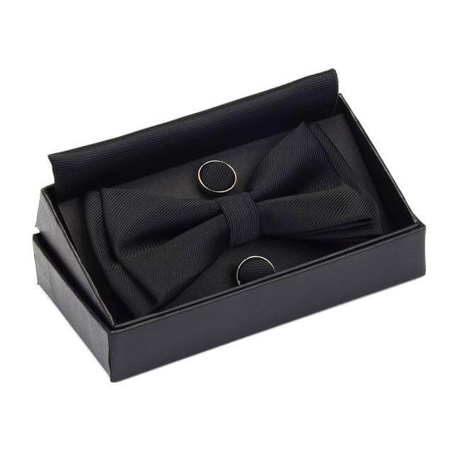 Get the perfect finishing touch for your outfit with this high-quality black bow tie and cufflink set. It comes with a pocket square and a stylish box. Shop at Drestiny now and enjoy free shipping. We'll even cover the tax! Don't miss out on this limited-time o