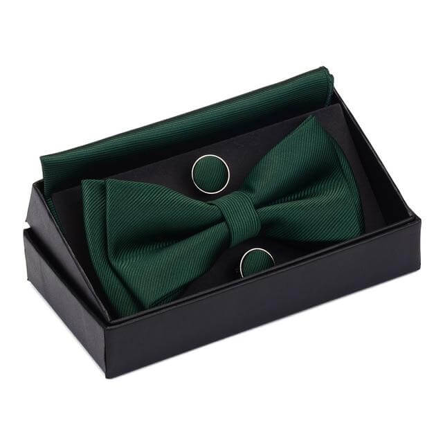 Get the perfect finishing touch for your outfit with this high-quality dark green bow tie and cufflink set. It comes with a pocket square and a stylish box. Shop at Drestiny now and enjoy free shipping. We'll even cover the tax! Don't miss out on this limited-time o